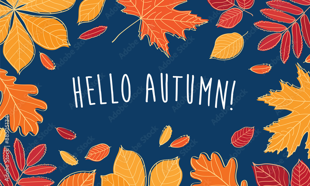 Hello autumn! Hand drawn different colored autumn leaves. Sketch ...