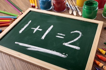  1 + 1 = 2 numbers written on a small chalk blackboard on a student desk surrounded by pencils and crayons simple math mathematics photo
