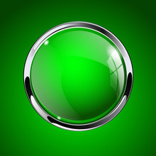 Glass Round Button, Green Web Icon With Metallic Frame.