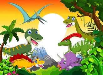 Sticker - Dinosaur cartoon with landscape mount backgroun for you design