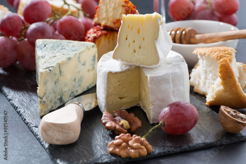 Fotografie, Obraz molded cheeses and snacks on the blackboard