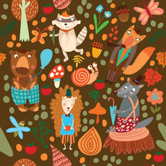  Seamless pattern with forest animals. Bear, fox, hedgehog, racco