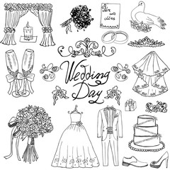 Wedding day elements. Hand drawn set with flowers candle bride dress and tuxedo suit, shoes, glasses for champaign and festive attributes. Drawing doodle collection, on chalkboard background