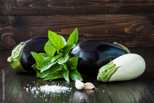 Purple And White Eggplant Aubergine With Basil And Garlic On