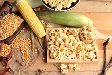 Canvas Print - Popcorn and yellow dry corn grain with fresh corn.