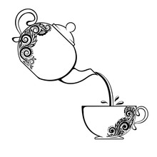 The Contour Of The Cup And Teapot With Floral Element.