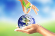 We love the world of ideas,World and tree in human hand on nature background. Elements of this image furnished by NASA.