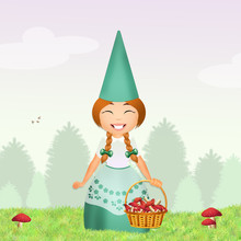Gnome With Mushrooms In The Forest