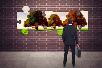 Wall Mural - Composite image of rear view of businessman holding a briefcase