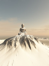 Illustration Of A Giant Statue Of Buddha On Top Of A Lonely Snow Covered Mountain Peak, 3d Digitally Rendered Illustration