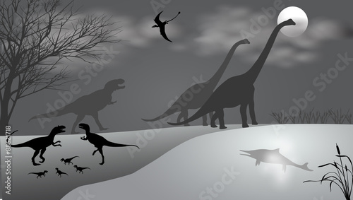 Plakat na zamówienie Dinosaurs against the landscape. Black-and-white vector illustration
