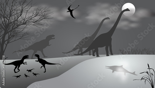 Naklejka na meble Dinosaurs against the landscape. Black-and-white vector illustration