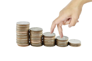 Women hand and money growth concept in business, Coins on white