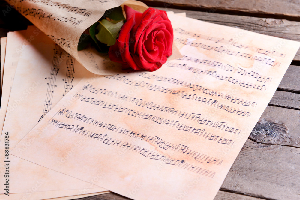 Beautiful rose wrapped on music sheets on wooden table, closeup