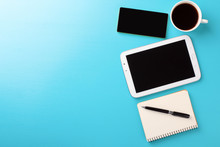 Blue Background, Notebook, Cup, Pen, Tablet, Phone