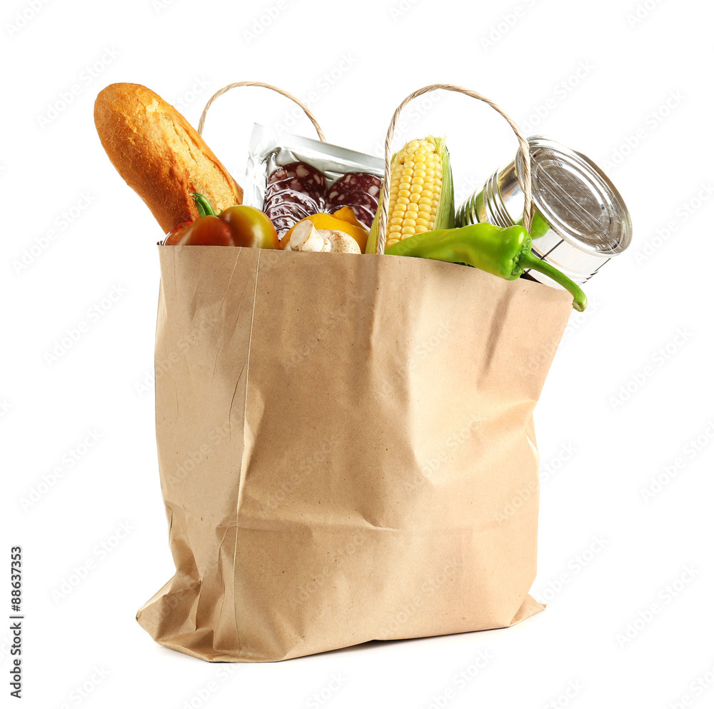 Paper bag with food isolated on white