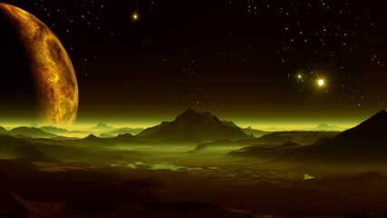 Wall Mural - Planet aliens and UFOs. The huge planet rises above the fantastic alien landscape. The hills and lakes covered with yellow mist.
