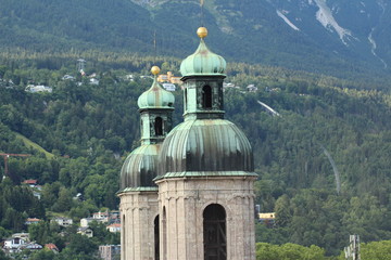 aerial view of cathedral of st. james (dom zu st. jakob, built in 1724) taken from the top of city t