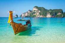 Long Boat And Tropical Beach, Andaman Sea,Phi Phi Islands,Thaila