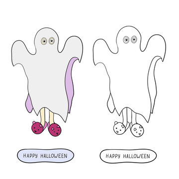Cartoon ghost in badspread on white background