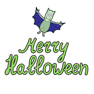 Cartoon word merry halloween and cartoon bat on white background