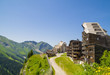  Strange wooden  buildings in  Avoriaz , French mountain resort, in the middle of the Porte du Soleil , Alps Mountains.
