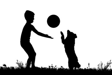 Sticker - Vector silhouette of a boy with a dog.