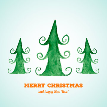 Christmas card with watercolor Christmas trees
