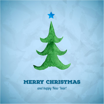 Christmas card with watercolor Christmas tree