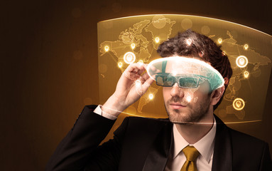 Poster - Young man looking at futuristic social network map