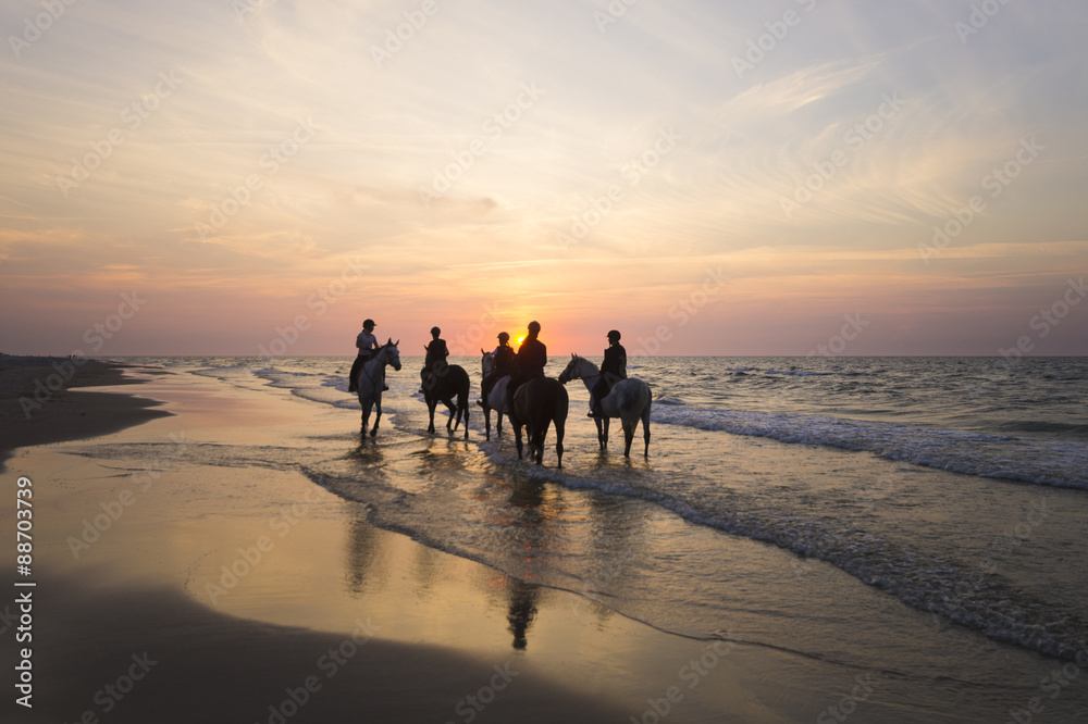 Jeźdźcy na koniach jadący brzegiem morza o zachodzie słońca - obrazy, fototapety, plakaty 