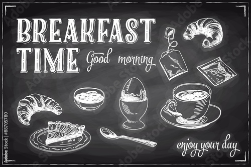 Fototapeta do kuchni Vector hand drawn breakfast and branch background on chalkboard.