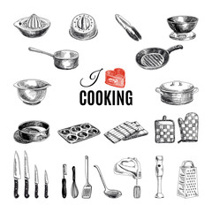 Vector hand drawn illustration with kitchen tools. 