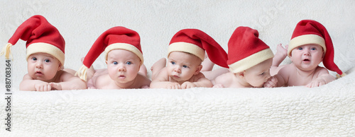 Fotografía babies with santa hats on bright background