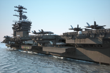 navy aircraft carrier angled view, with a large compartment of jet aircraft and crew.