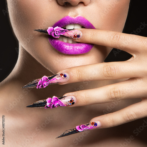 Beautiful girl in mask with long nails and sensual lips. Beauty Poster Mural XXL