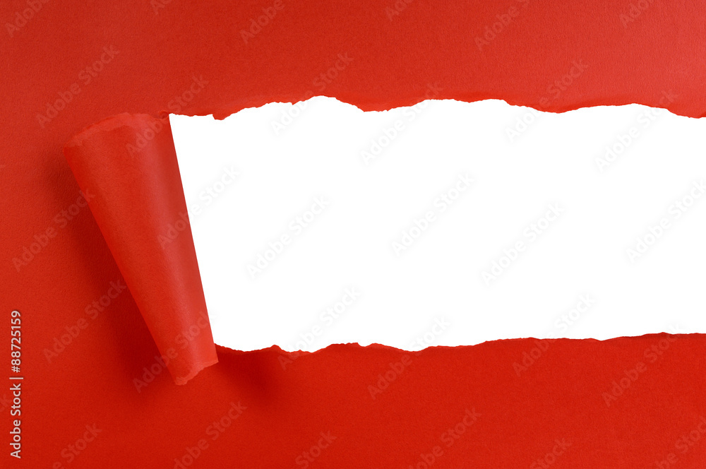 Torn red background paper with white strip banner looking inside photo ...