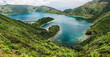 Panoramic view on Lagoa do Fogo, a crater lake within the Agua de Pau Massif stratovolcano in the center of the island of Sao Miguel in the Portuguese archipelago of the Azores.