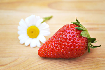 Wall Mural - Fresh strawberry and daisy flower on wooden background
