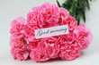 Good morning card with pink carnations bouquet
