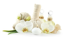 Composition With Massage Bags, Sea Salt And Orchid Flower, Isolated On White