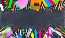 School And Office Supplies Double Border On Blackboard
