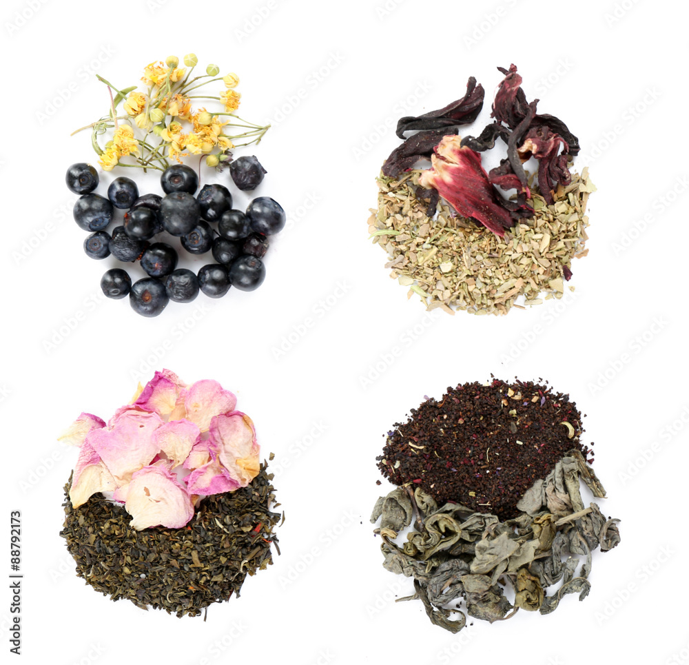 Various kinds of herbal tea and herbs spices isolated on white