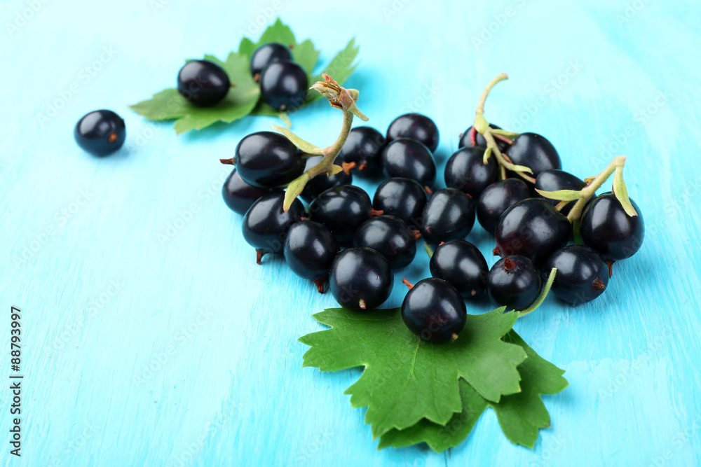 Ripe black currants on blue wooden background