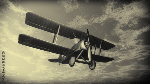 Naklejka - mata magnetyczna na lodówkę Biplane flying in the sky, vintage style - 3D render