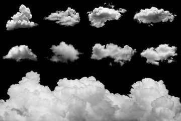 Wall Mural - set of isolated clouds on black background.