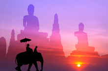 Silhouette Elephant With Tourist With Big Buddha Background At S