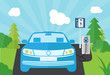 Charging an electric car at the power station front view, flat vector illustration