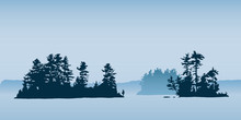 Silhouette Illustration Of A Islands On A Northern Lake With Pine Trees,