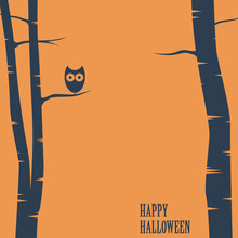 Happy Halloween Card With Owl Sitting On Tree. Holiday Postcard